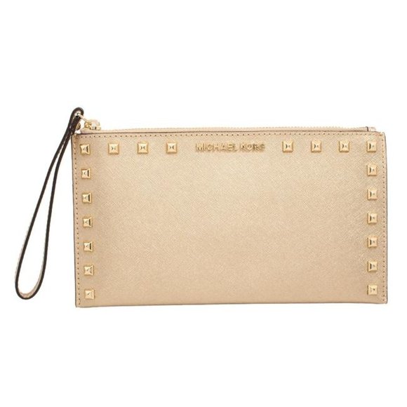 NWT Michael Kors Large Zip Gold Leather Clutch - Picture 1 of 13